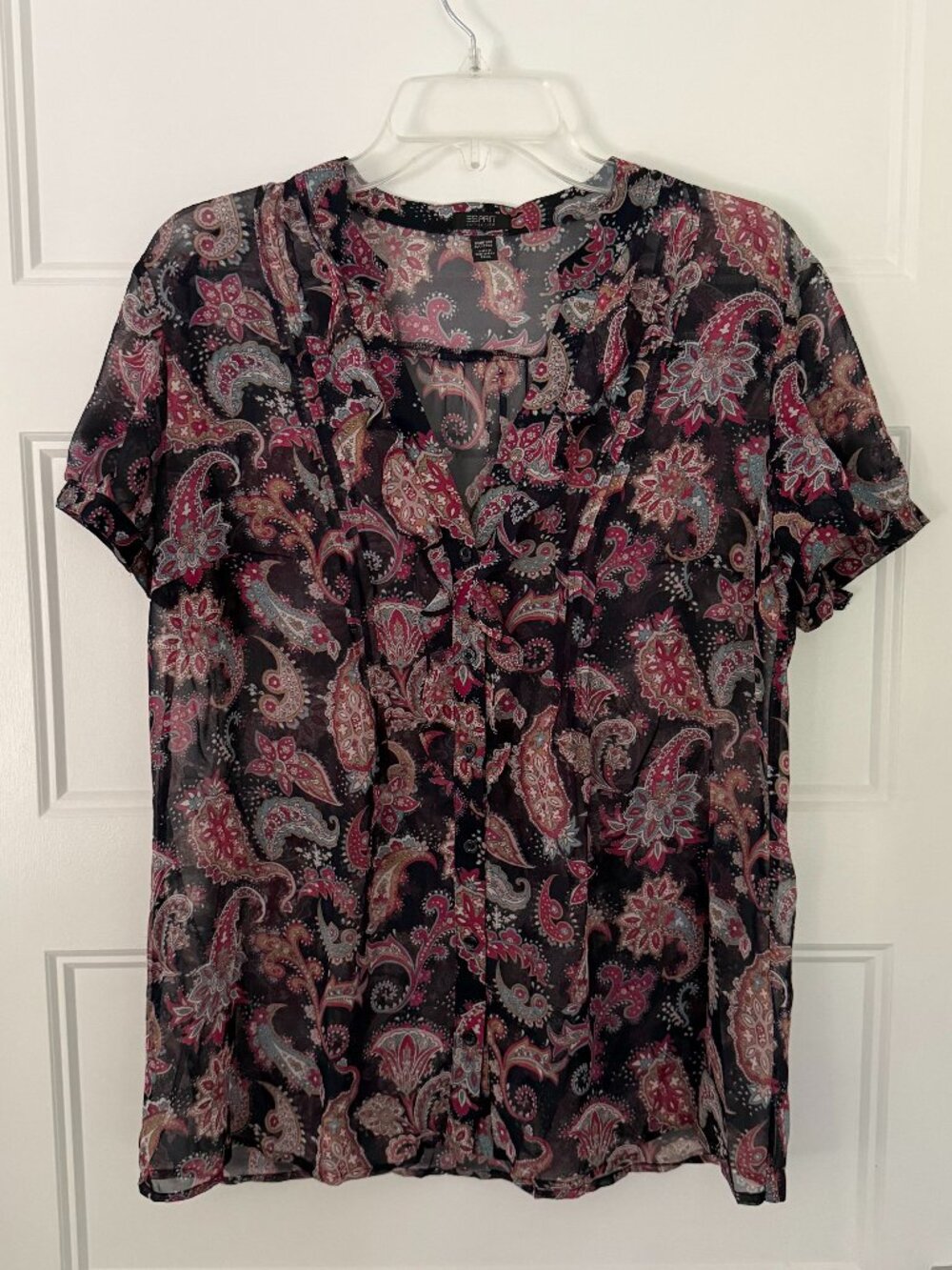 Esprit - Sheer Paisley Button-Down Top with Short Sleeves - Size XL
